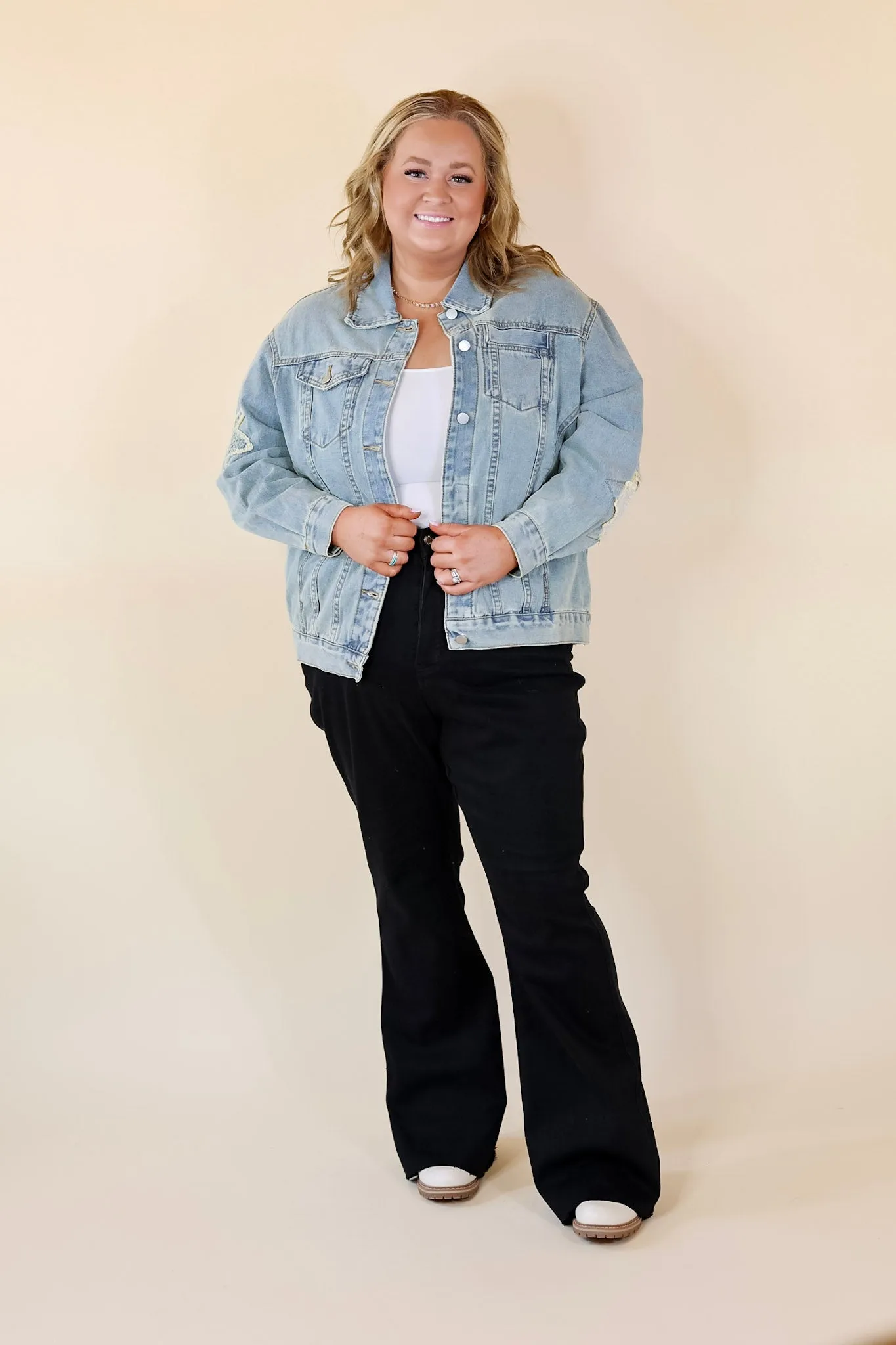 Cosmic Cowgirl Oversized Denim Jacket with Star Patches in Light Wash