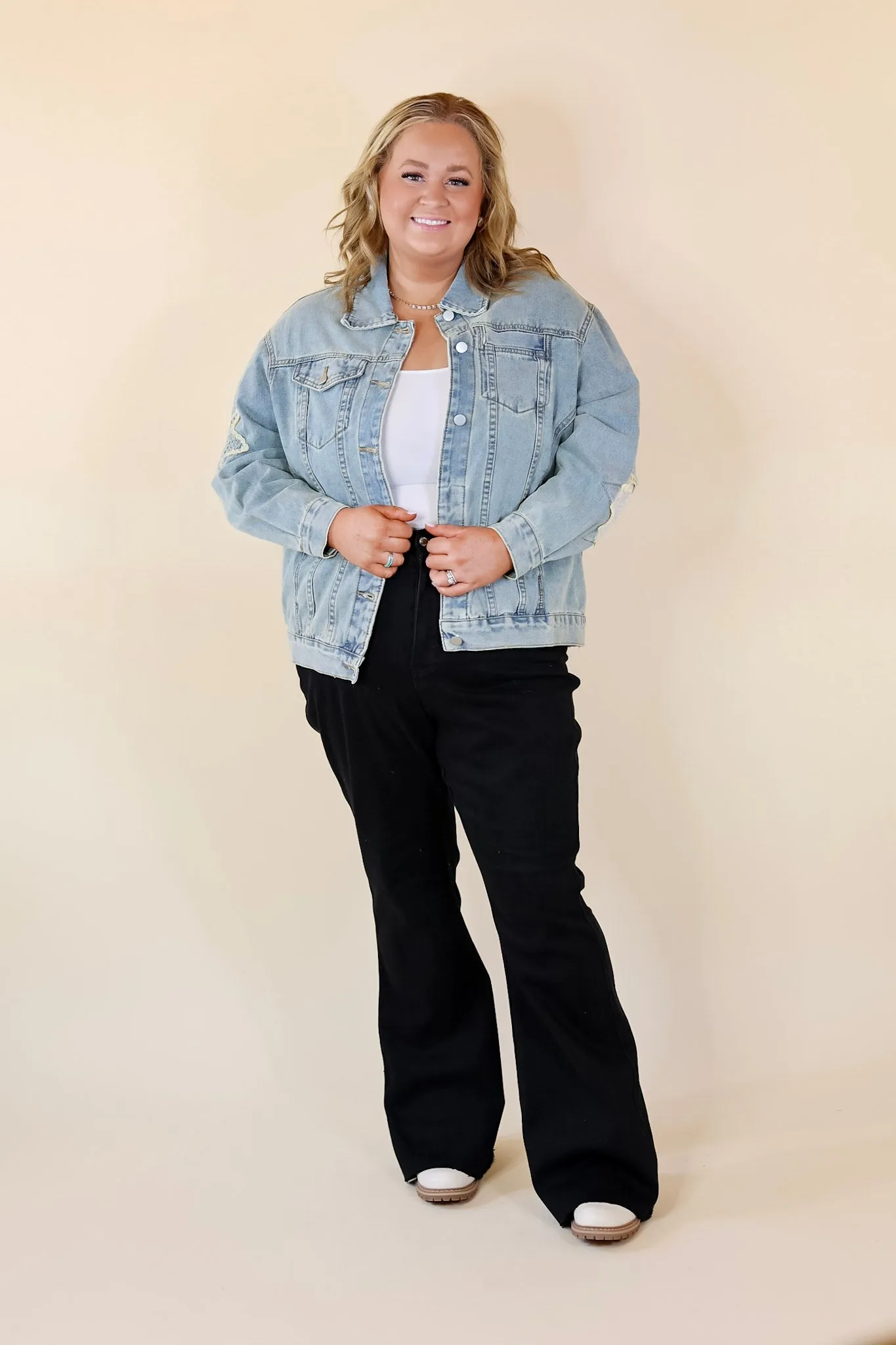 Cosmic Cowgirl Oversized Denim Jacket with Star Patches in Light Wash