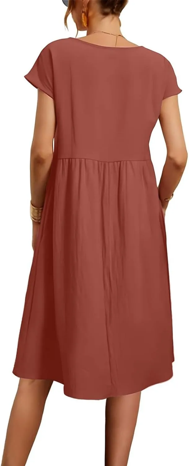 Cotton Dresses for Women 2024 Summer Linen Casual Beach Midi Dress Short Sleeve Loose Flowy Sundress with Pockets