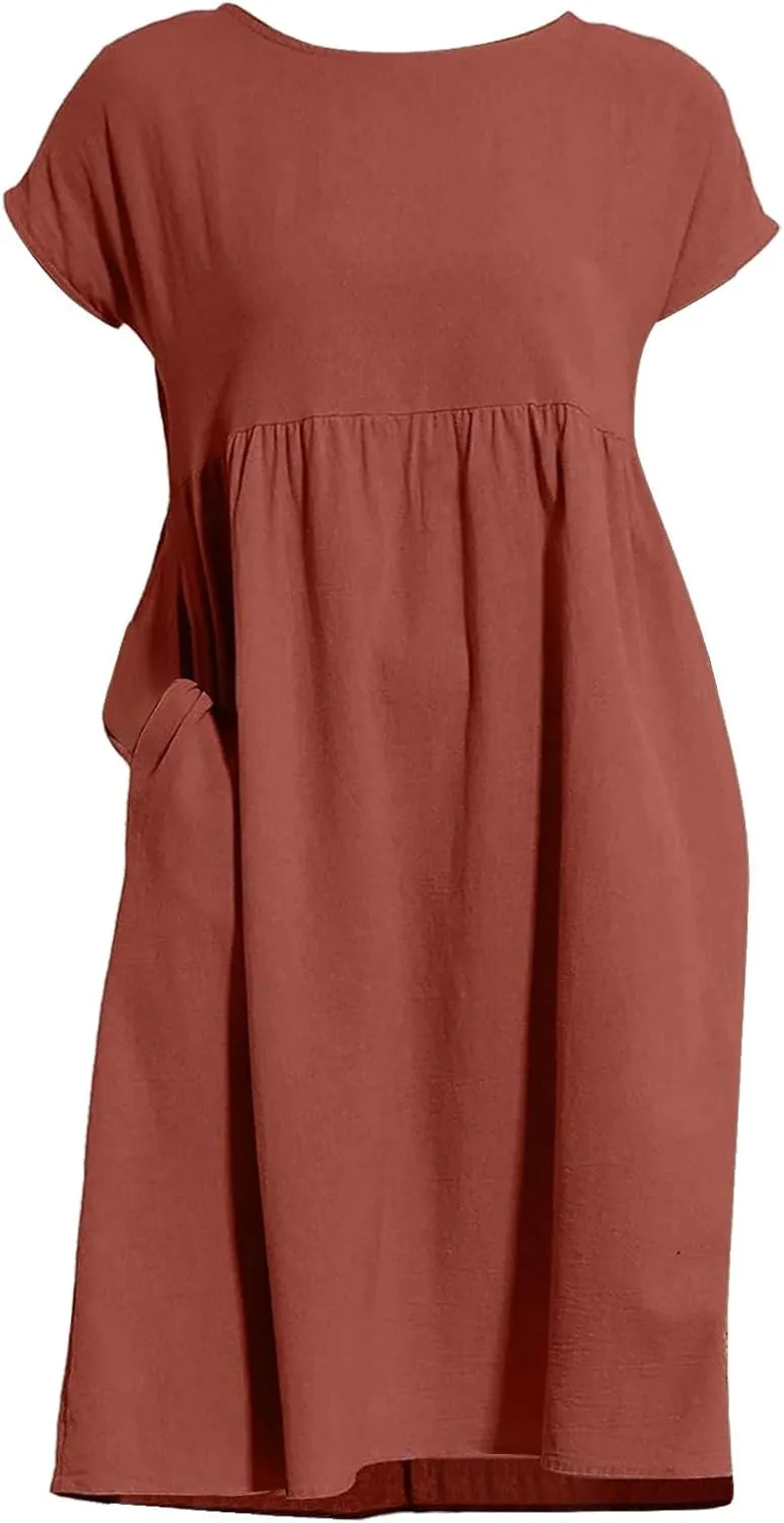 Cotton Dresses for Women 2024 Summer Linen Casual Beach Midi Dress Short Sleeve Loose Flowy Sundress with Pockets