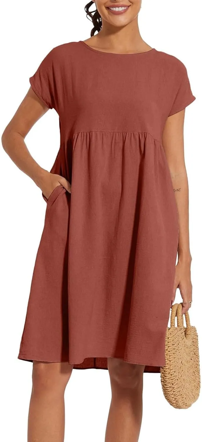 Cotton Dresses for Women 2024 Summer Linen Casual Beach Midi Dress Short Sleeve Loose Flowy Sundress with Pockets
