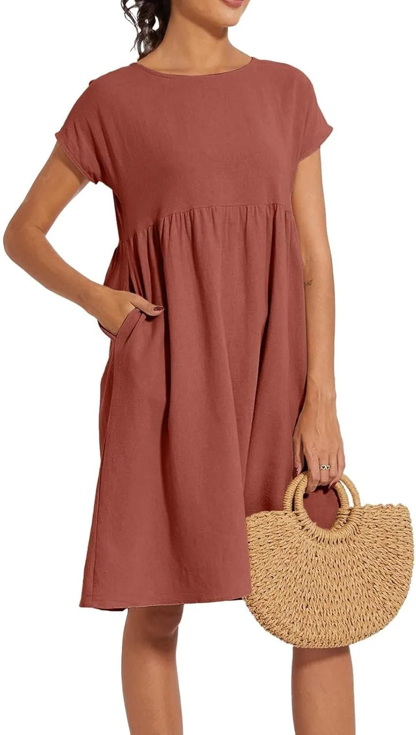 Cotton Dresses for Women 2024 Summer Linen Casual Beach Midi Dress Short Sleeve Loose Flowy Sundress with Pockets