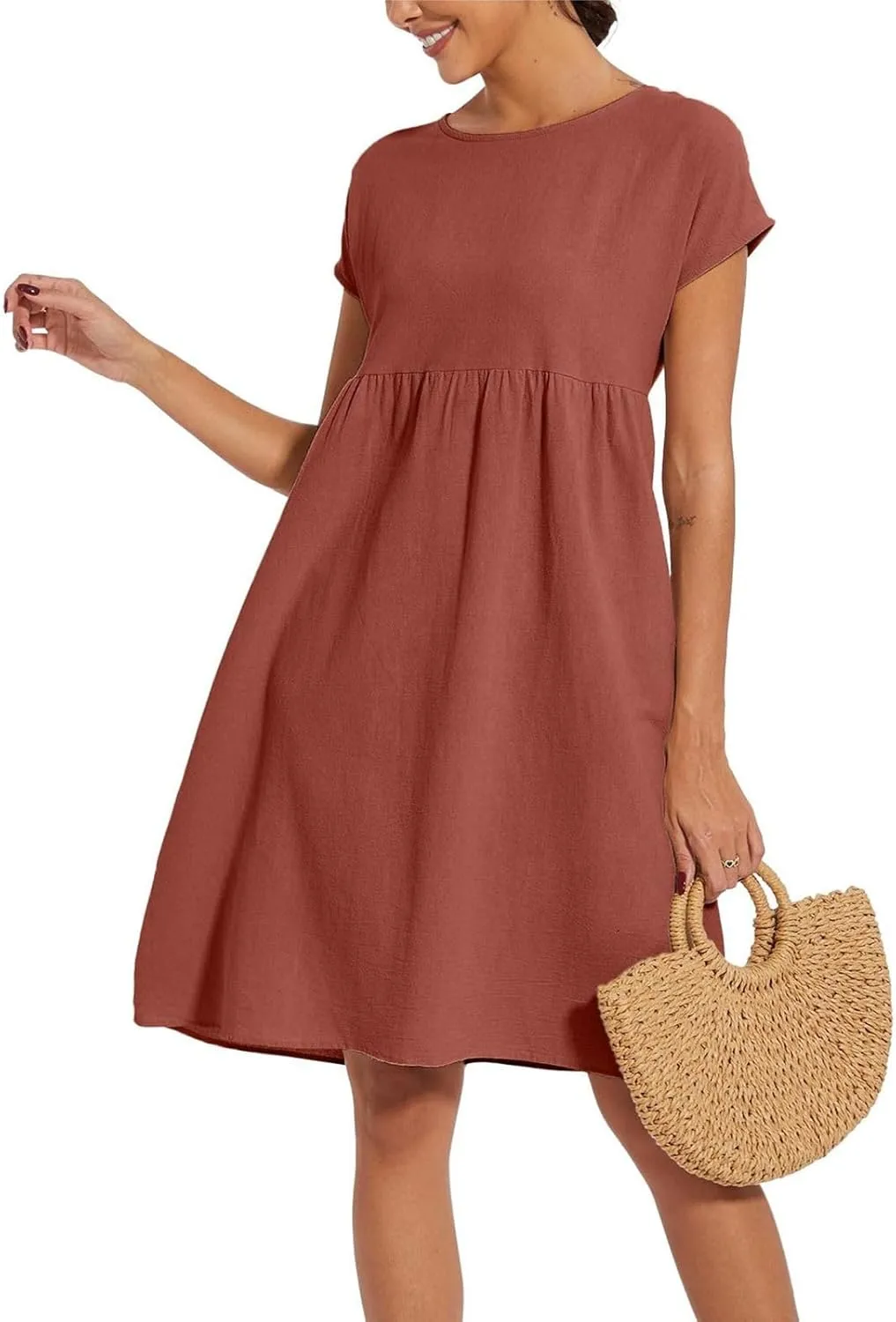 Cotton Dresses for Women 2024 Summer Linen Casual Beach Midi Dress Short Sleeve Loose Flowy Sundress with Pockets