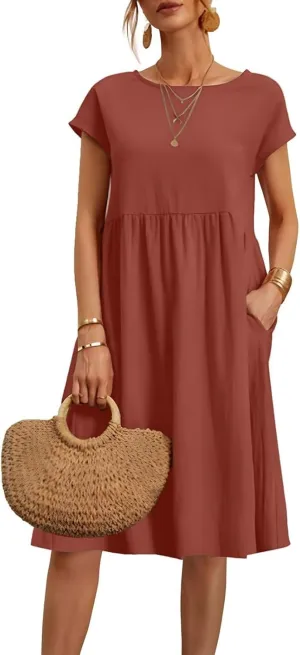 Cotton Dresses for Women 2024 Summer Linen Casual Beach Midi Dress Short Sleeve Loose Flowy Sundress with Pockets