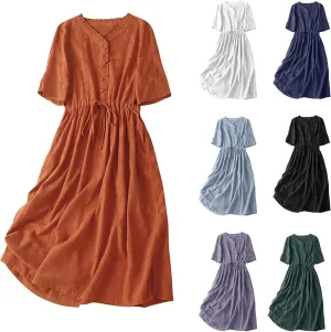 Cotton Dresses for Women 2025 Casual Short Sleeve Linen Dresses Summer Button Down Midi Dress Drawstring Beach Dress