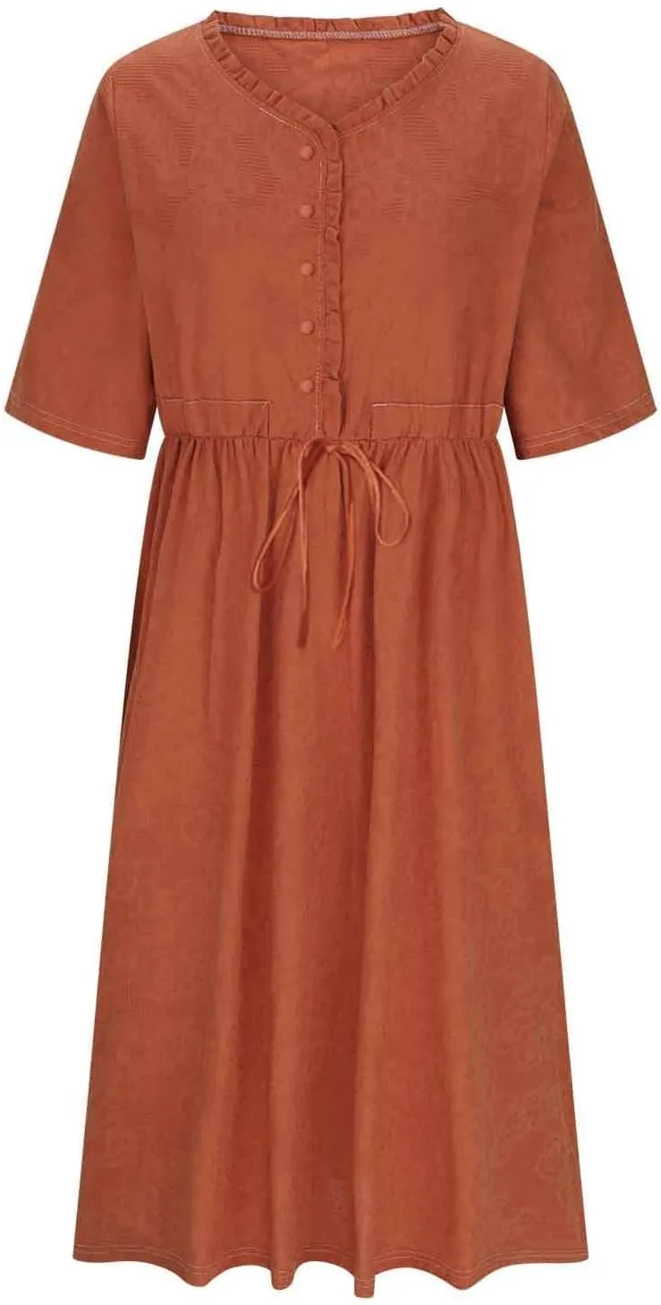 Cotton Dresses for Women 2025 Casual Short Sleeve Linen Dresses Summer Button Down Midi Dress Drawstring Beach Dress
