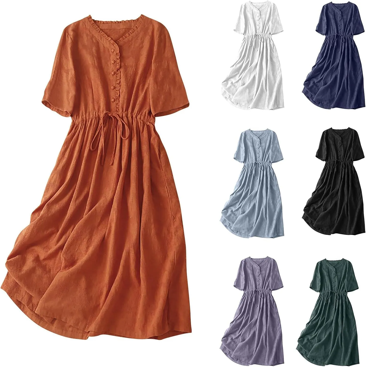 Cotton Dresses for Women 2025 Casual Short Sleeve Linen Dresses Summer Button Down Midi Dress Drawstring Beach Dress