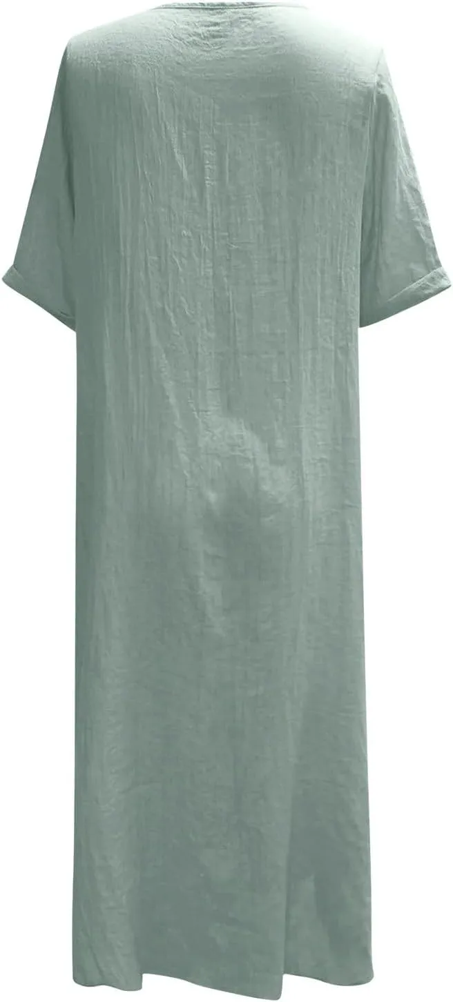 Cotton Linen V-Neck Midi Dress, 2025 Summer Casual Loose Dress Solid Flowy Bohemian Beach Dresses