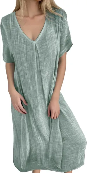 Cotton Linen V-Neck Midi Dress, 2025 Summer Casual Loose Dress Solid Flowy Bohemian Beach Dresses