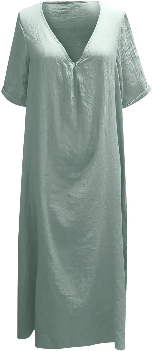 Cotton Linen V-Neck Midi Dress, 2025 Summer Casual Loose Dress Solid Flowy Bohemian Beach Dresses