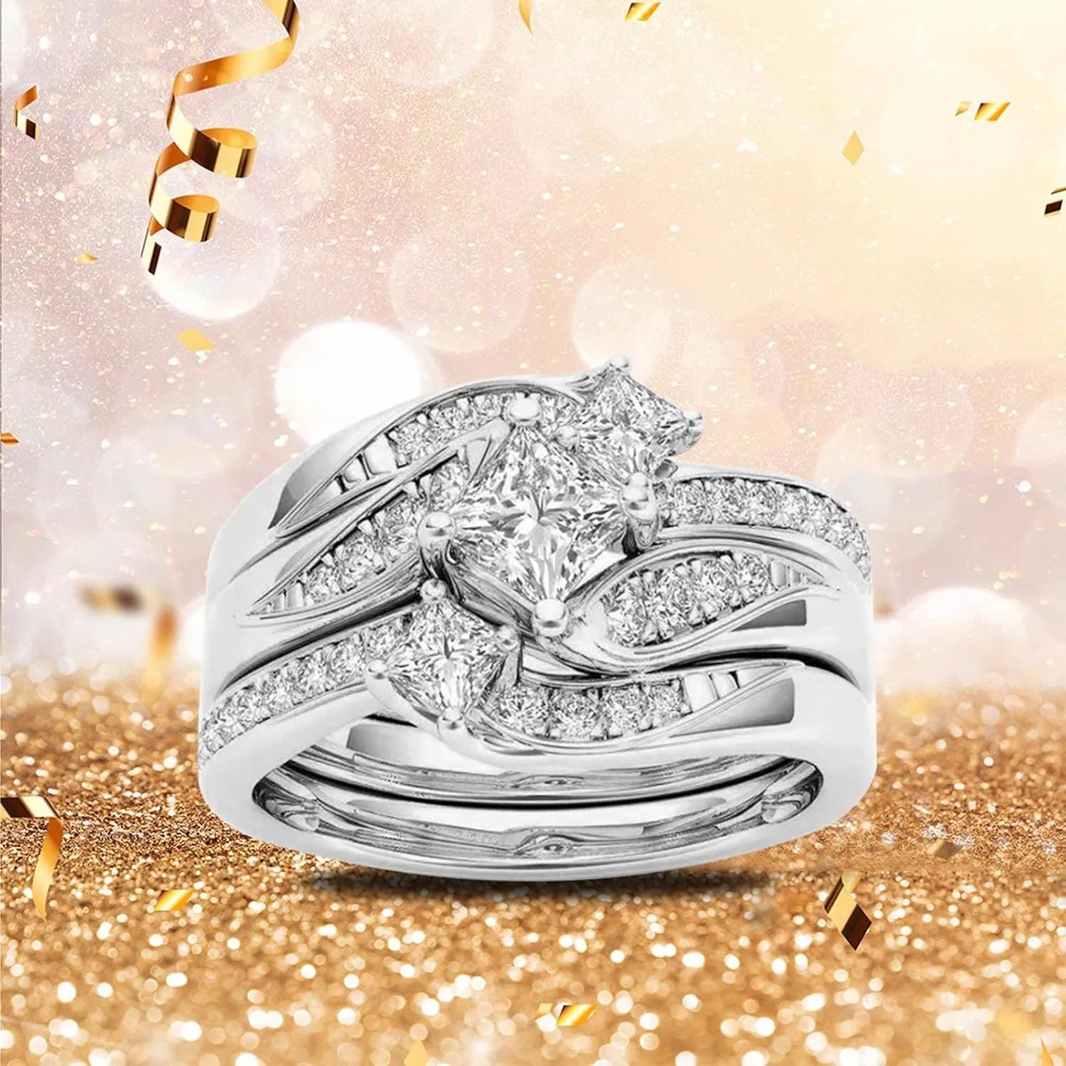 Cubic Zirconia Engagement Ring Simulation Diamond Square Princess Cut Bridal Set Ring Wedding Band for Women Gold