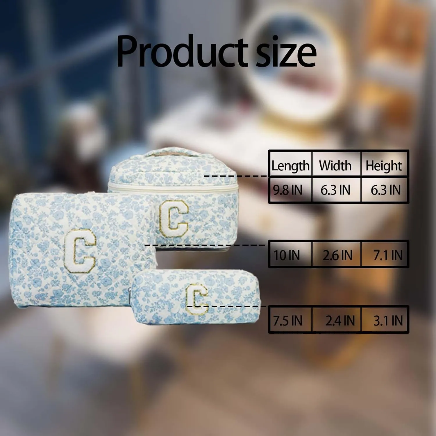 Cute Cotton Makeup Bags Set, Flower Travel Toiletry Organizer Bag - Personalized Initial Makeup Bag Quilted Cosmetic Bag,For Mom Daughter Friend GiftM blue/c