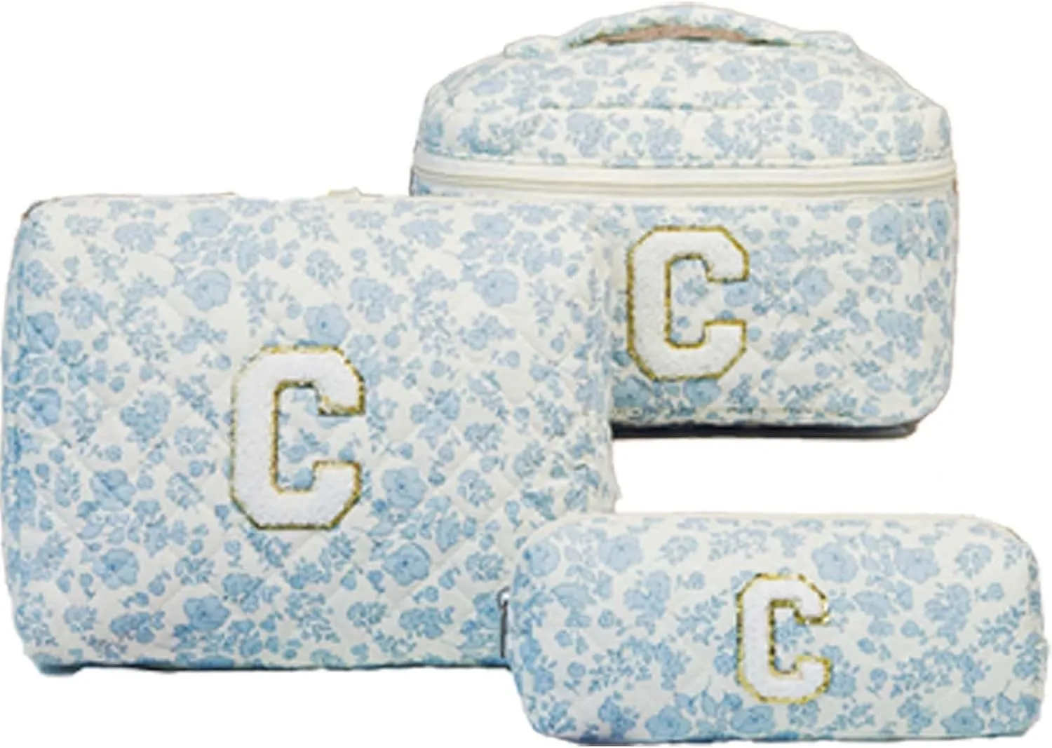 Cute Cotton Makeup Bags Set, Flower Travel Toiletry Organizer Bag - Personalized Initial Makeup Bag Quilted Cosmetic Bag,For Mom Daughter Friend GiftM blue/c