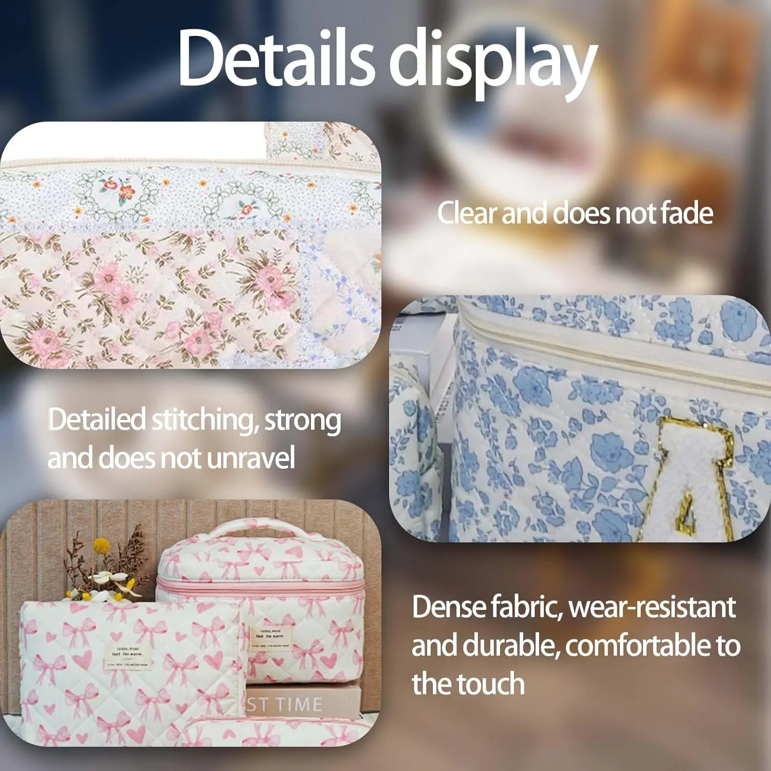 Cute Cotton Makeup Bags Set, Flower Travel Toiletry Organizer Bag - Personalized Initial Makeup Bag Quilted Cosmetic Bag,For Mom Daughter Friend GiftM blue/c