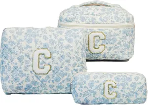Cute Cotton Makeup Bags Set, Flower Travel Toiletry Organizer Bag - Personalized Initial Makeup Bag Quilted Cosmetic Bag,For Mom Daughter Friend GiftM blue/c