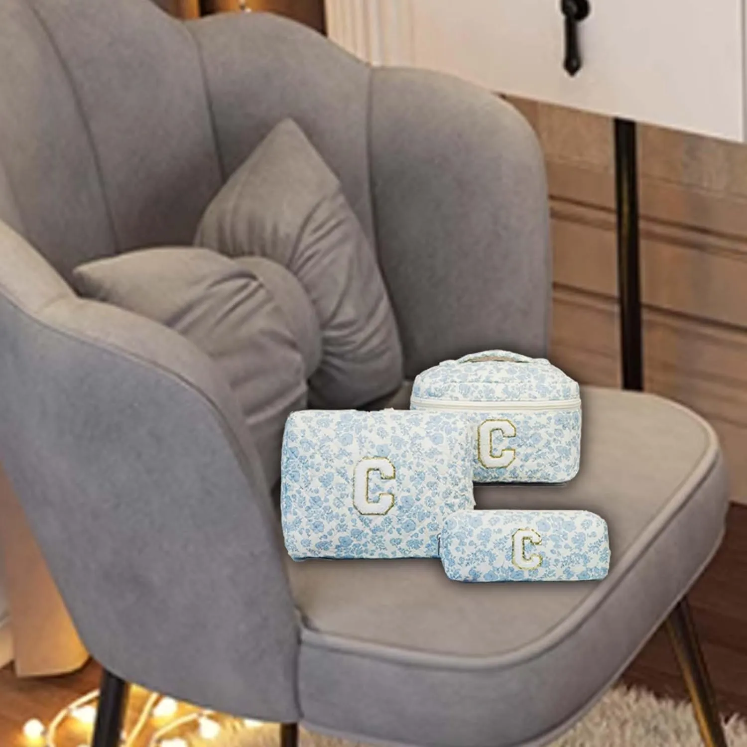 Cute Cotton Makeup Bags Set, Flower Travel Toiletry Organizer Bag - Personalized Initial Makeup Bag Quilted Cosmetic Bag,For Mom Daughter Friend GiftM blue/c