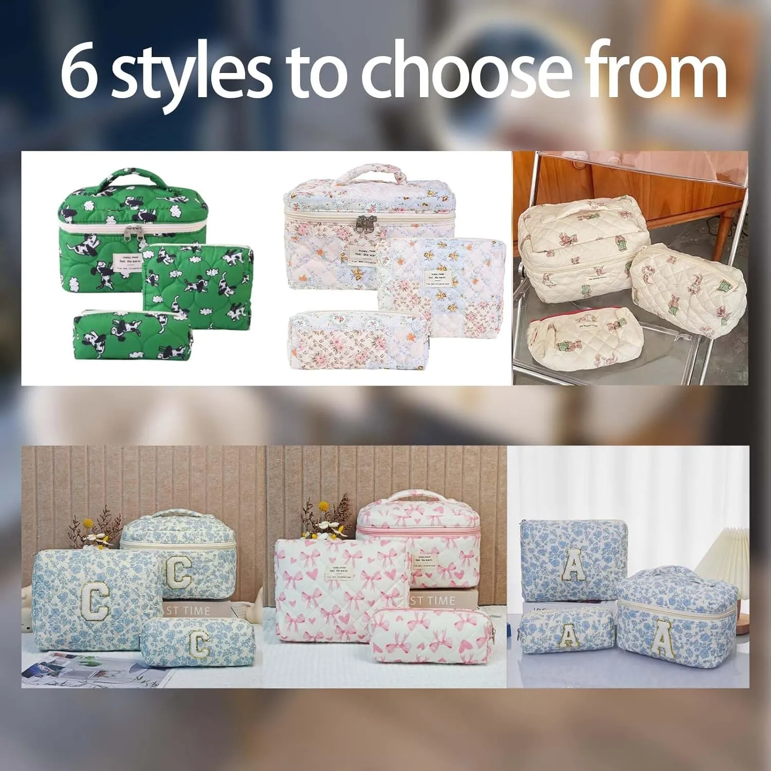 Cute Cotton Makeup Bags Set, Flower Travel Toiletry Organizer Bag - Personalized Initial Makeup Bag Quilted Cosmetic Bag,For Mom Daughter Friend GiftM blue/c