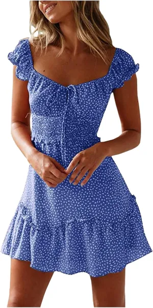 Cute Short Summer Dresses for Teens Sexy Ruffle Floral Sundresses Tie Front Pleated Boho Mini Smocked Dress