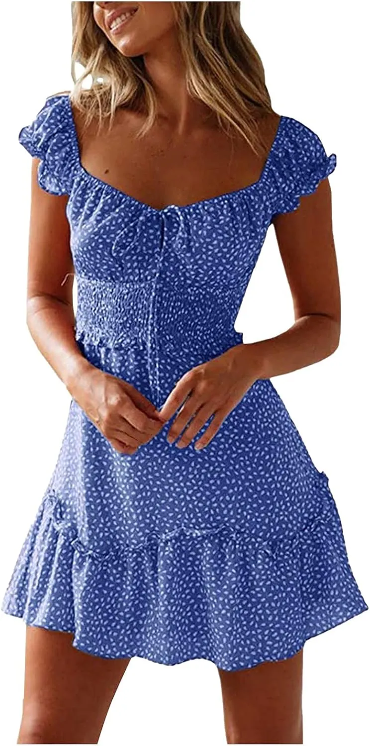 Cute Short Summer Dresses for Teens Sexy Ruffle Floral Sundresses Tie Front Pleated Boho Mini Smocked Dress