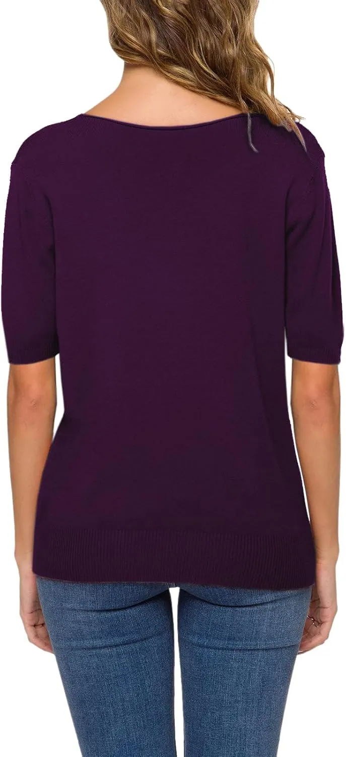 DAIMIDY Women's Short Sleeve V Neck Sweaters Casual Summer Sweater Lightweight Knit Pullover Tops