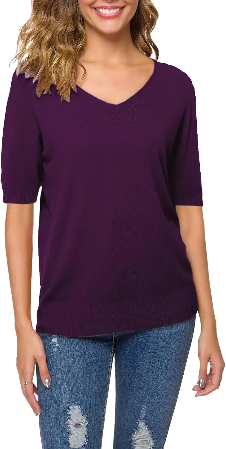 DAIMIDY Women's Short Sleeve V Neck Sweaters Casual Summer Sweater Lightweight Knit Pullover Tops