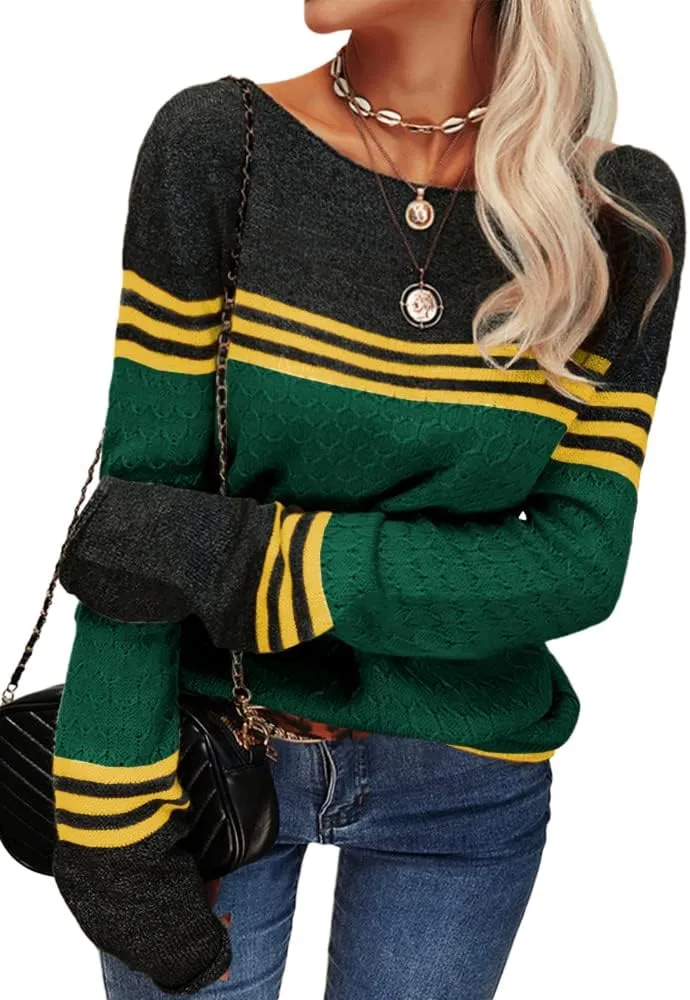 Danedvi Women Autumn Winter Colorblock Pullover Sweaters Round Neck Striped Slim Fitting Knitwear Tops