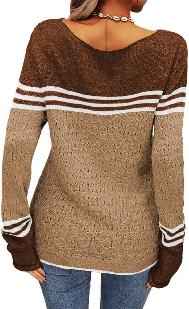 Danedvi Women Autumn Winter Colorblock Pullover Sweaters Round Neck Striped Slim Fitting Knitwear Tops