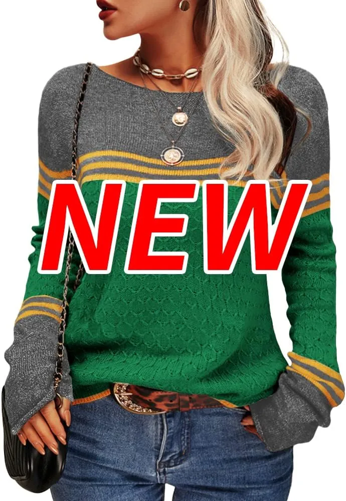 Danedvi Women Autumn Winter Colorblock Pullover Sweaters Round Neck Striped Slim Fitting Knitwear Tops
