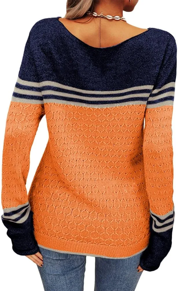 Danedvi Women Autumn Winter Colorblock Pullover Sweaters Round Neck Striped Slim Fitting Knitwear Tops