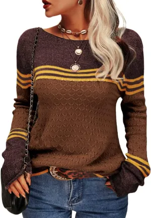 Danedvi Women Autumn Winter Colorblock Pullover Sweaters Round Neck Striped Slim Fitting Knitwear Tops