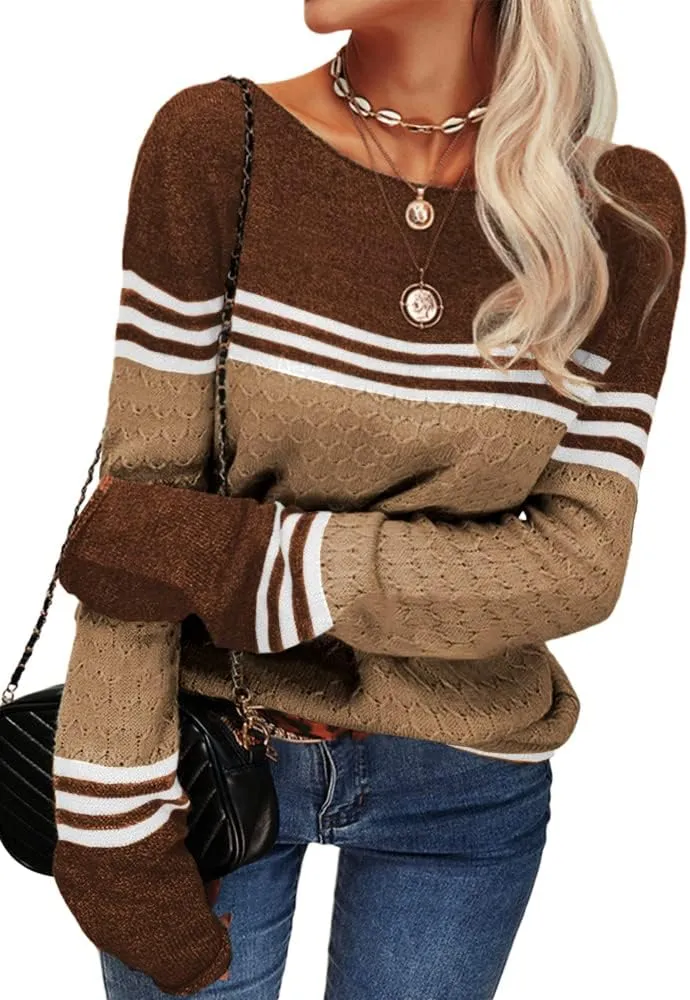 Danedvi Women Autumn Winter Colorblock Pullover Sweaters Round Neck Striped Slim Fitting Knitwear Tops