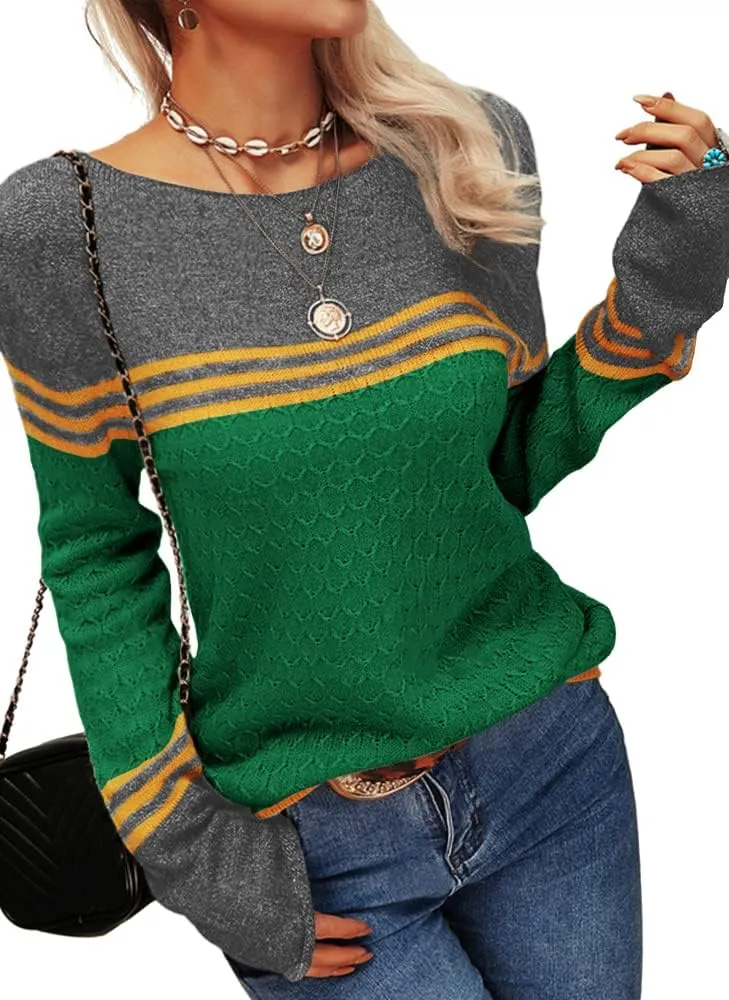Danedvi Women Autumn Winter Colorblock Pullover Sweaters Round Neck Striped Slim Fitting Knitwear Tops