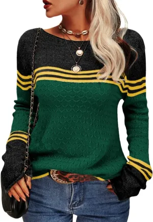 Danedvi Women Autumn Winter Colorblock Pullover Sweaters Round Neck Striped Slim Fitting Knitwear Tops
