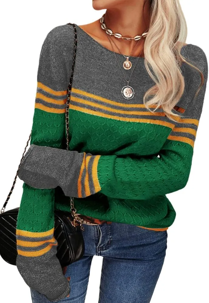 Danedvi Women Autumn Winter Colorblock Pullover Sweaters Round Neck Striped Slim Fitting Knitwear Tops
