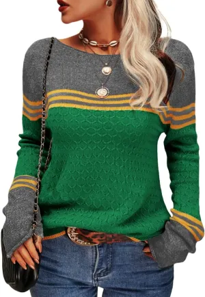 Danedvi Women Autumn Winter Colorblock Pullover Sweaters Round Neck Striped Slim Fitting Knitwear Tops