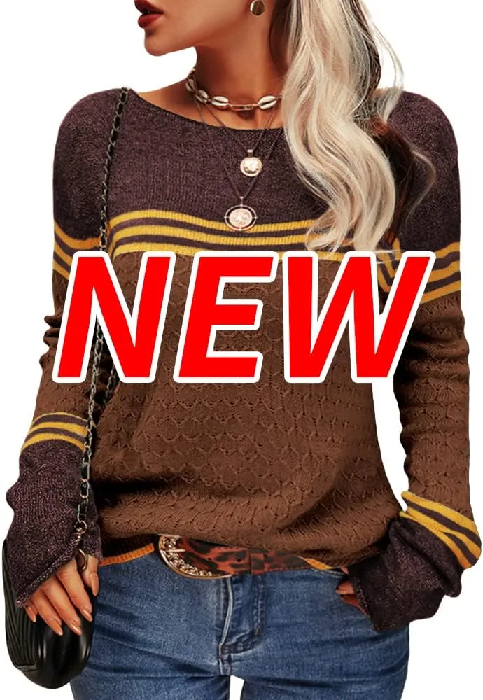 Danedvi Women Autumn Winter Colorblock Pullover Sweaters Round Neck Striped Slim Fitting Knitwear Tops