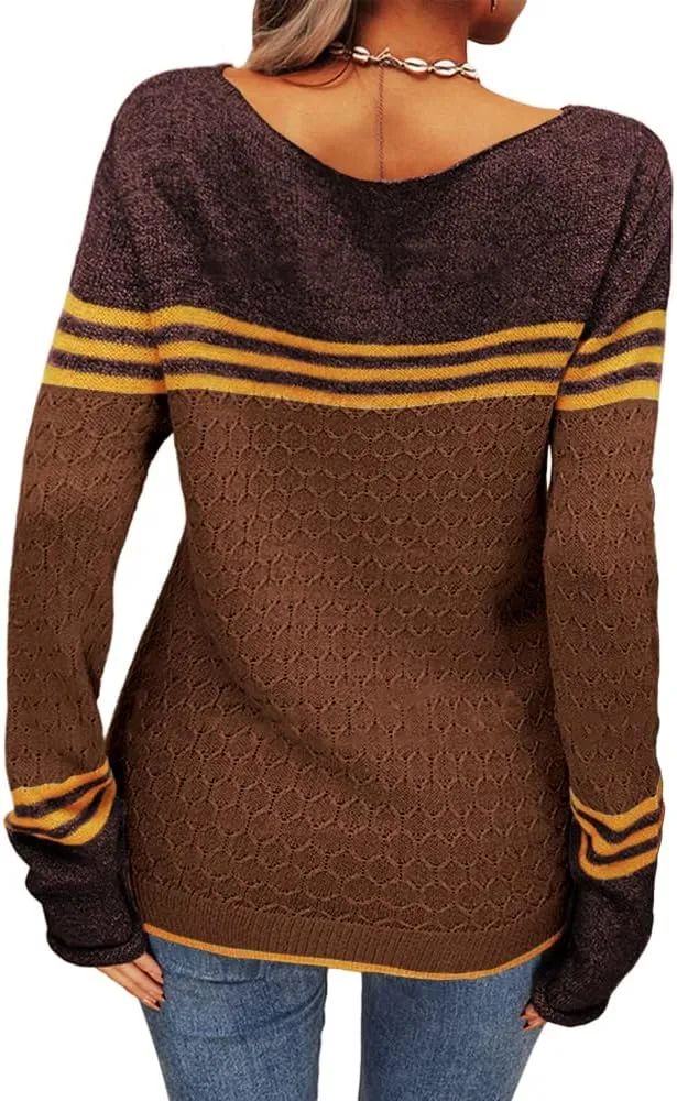 Danedvi Women Autumn Winter Colorblock Pullover Sweaters Round Neck Striped Slim Fitting Knitwear Tops