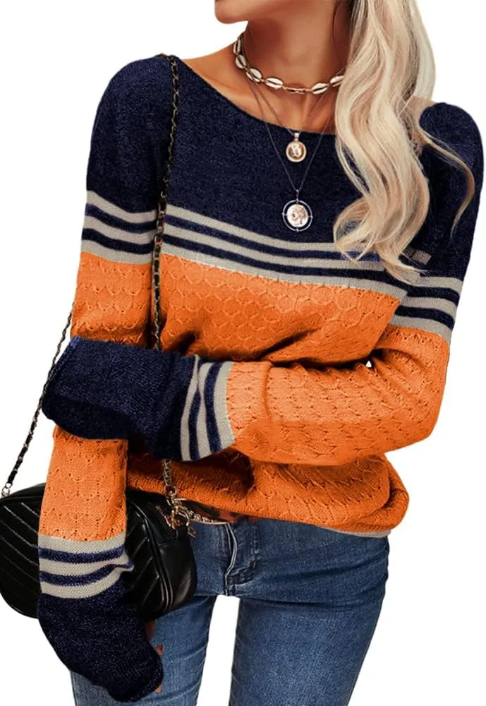 Danedvi Women Autumn Winter Colorblock Pullover Sweaters Round Neck Striped Slim Fitting Knitwear Tops