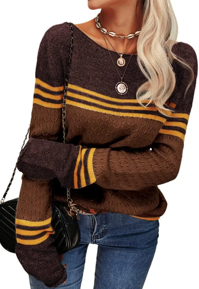 Danedvi Women Autumn Winter Colorblock Pullover Sweaters Round Neck Striped Slim Fitting Knitwear Tops