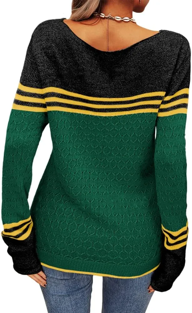 Danedvi Women Autumn Winter Colorblock Pullover Sweaters Round Neck Striped Slim Fitting Knitwear Tops