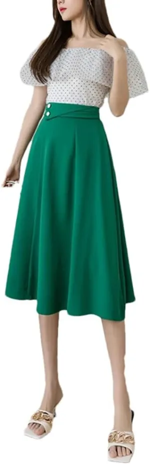 Dbdkejj Women Folds Waist Pleated Skirts Loose Stitching A-Line Skirts Office Casual Midi Skirts