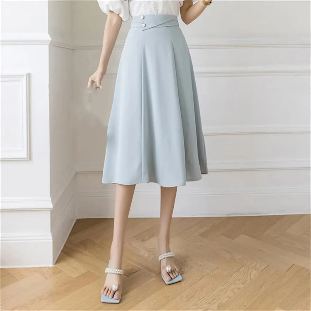 Dbdkejj Women Folds Waist Pleated Skirts Loose Stitching A-Line Skirts Office Casual Midi Skirts