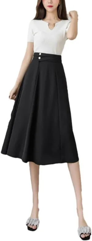 Dbdkejj Women Folds Waist Pleated Skirts Loose Stitching A-Line Skirts Office Casual Midi Skirts