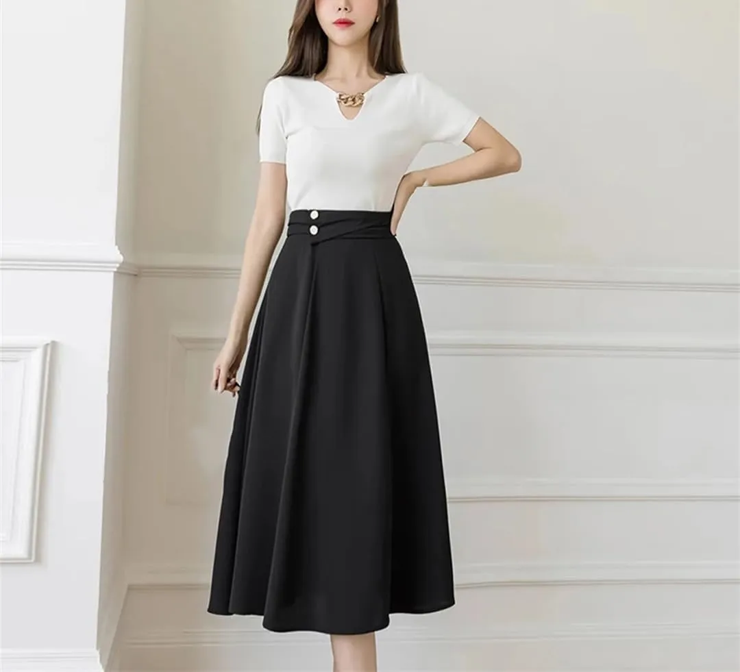 Dbdkejj Women Folds Waist Pleated Skirts Loose Stitching A-Line Skirts Office Casual Midi Skirts