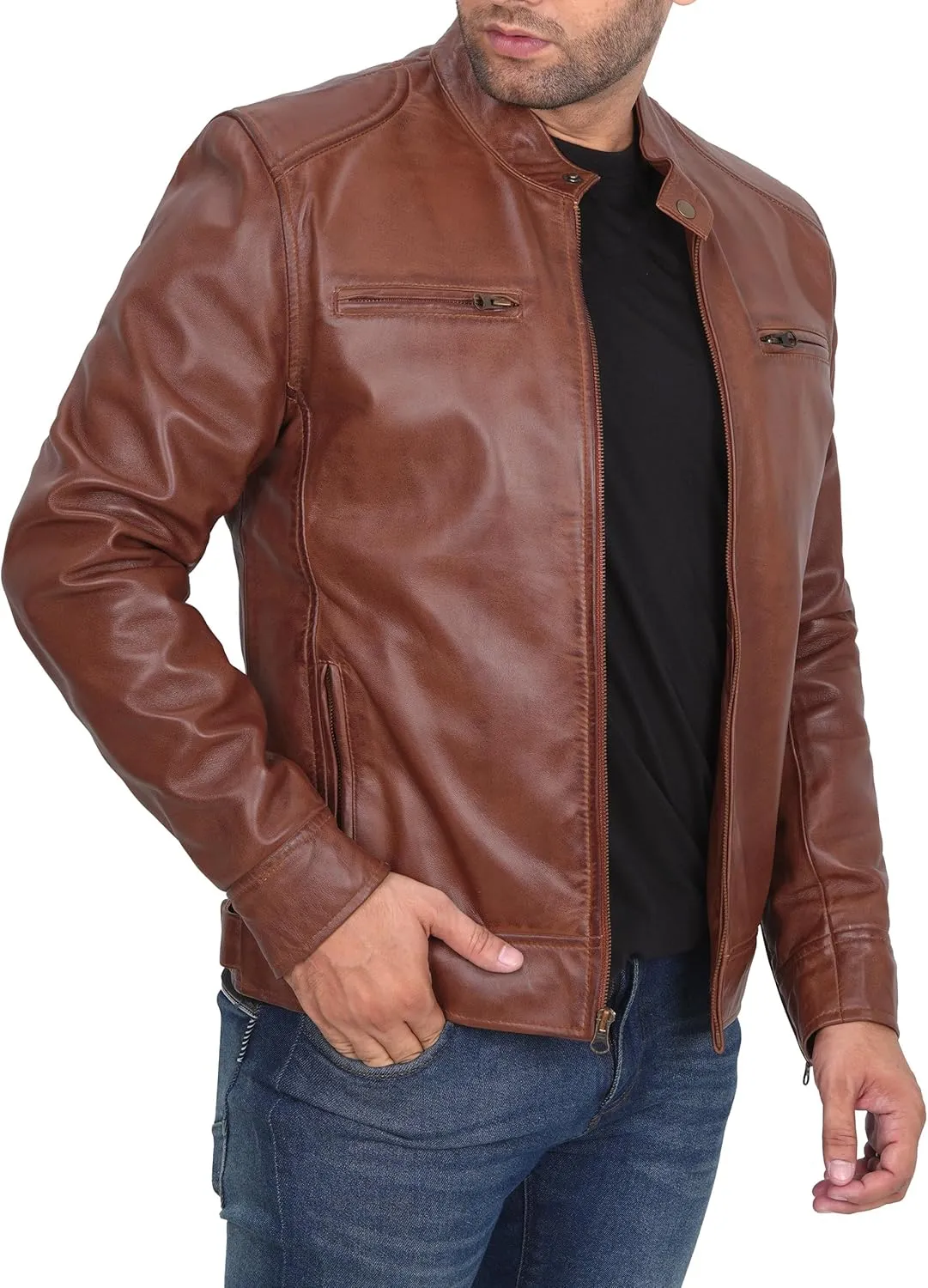 Decrum Mens Leather Jacket - Cafe Racer Style Real Lambskin Leather Jacket Men