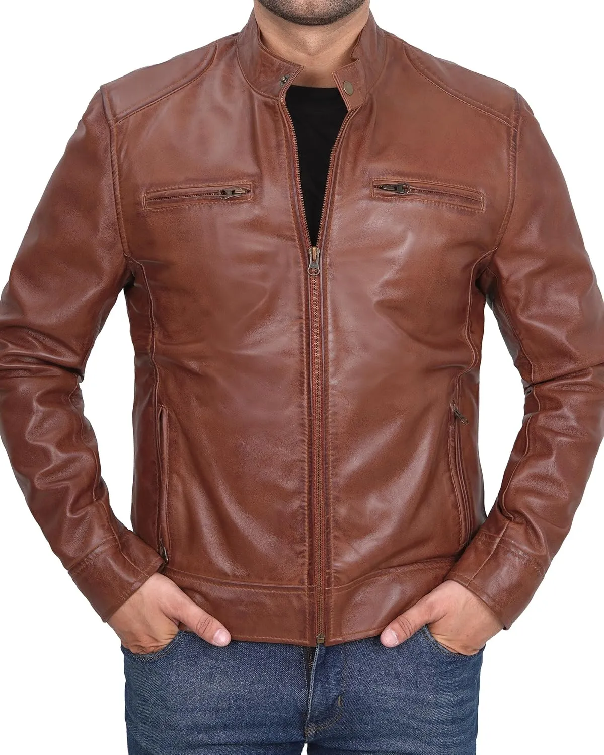 Decrum Mens Leather Jacket - Cafe Racer Style Real Lambskin Leather Jacket Men