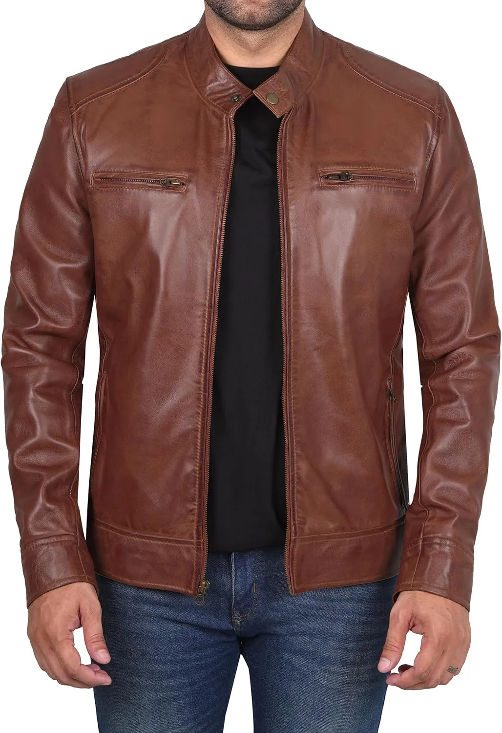 Decrum Mens Leather Jacket - Cafe Racer Style Real Lambskin Leather Jacket Men