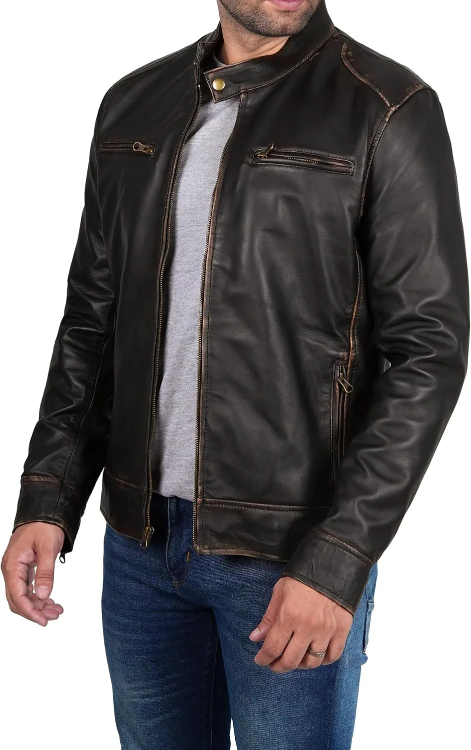 Decrum Mens Leather Jacket - Cafe Racer Style Real Lambskin Leather Jacket Men