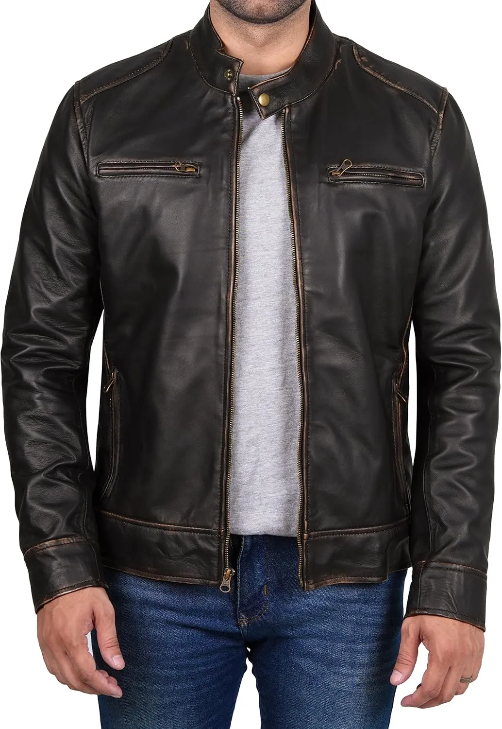 Decrum Mens Leather Jacket - Cafe Racer Style Real Lambskin Leather Jacket Men