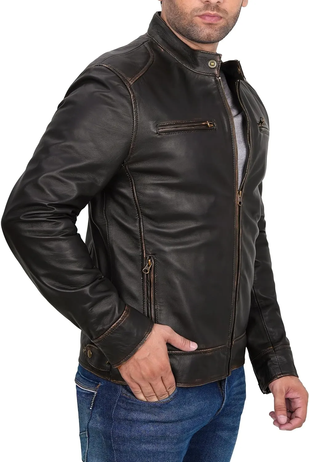 Decrum Mens Leather Jacket - Cafe Racer Style Real Lambskin Leather Jacket Men